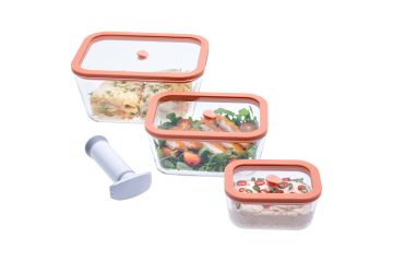 STATUS – Комплект вакуумни контейнери от огн. стъкло Viva, 4 части - 0,5L+1,4L+2,6L+ Ръчна помпа